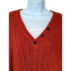 Cj Banks Sweater Womens 2X Rust Cable Knit Button Detail V-Neck 3/4 Sleeve Ramie